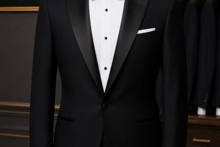 A sophisticated black tuxedo displayed in a studio, showcasing expert tailoring and sharp design, representing the Expert Guide to Tuxedo Tailoring Dubai.