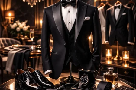 Elegant black tuxedo display in luxury boutique for Guide to Choosing the Perfect Tuxedo.