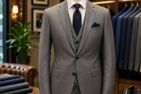 Mistakes Men Make and How Tailors Fix Them shown through a professionally tailored grey suit with precise fitting, balanced proportions, and expert craftsmanship.