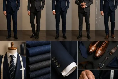 Should a Man Wear According to His Body illustrated with perfectly tailored bespoke suits designed for different male body types, showcasing expert fit, premium craftsmanship, and timeless style.