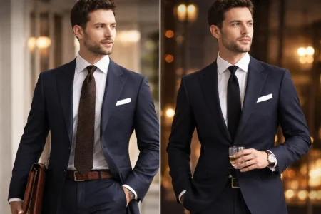Modern tailored Suit That Works for Both Day and Night styled for both business and evening occasions.