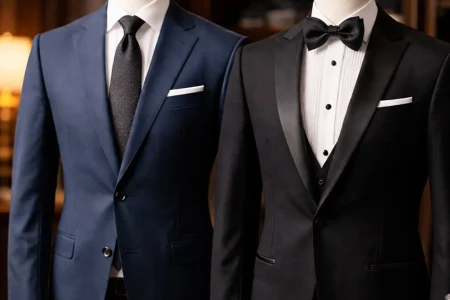 Navy business suit and black tuxedo displayed side by side showing the Difference between Suit vs Tuxedo.