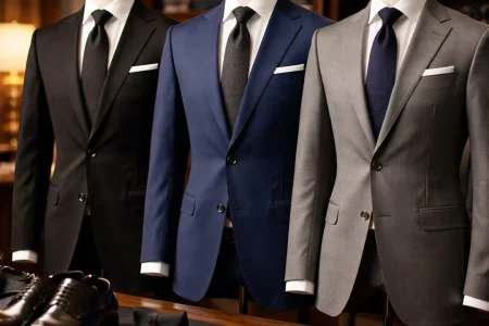 Black, navy, and grey suits displayed side by side representing Which Suit Color Should You Choose for formal and business occasions.