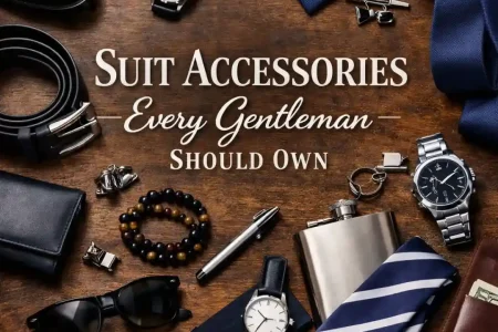 Suit Accessories Every Gentleman Own displayed in a flat lay with shoes, watch, tie, cufflinks, and leather essentials on a wooden background.