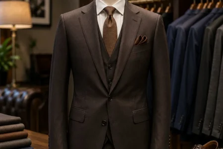 How to Choose the Best Suit Tailor with a premium bespoke brown suit displayed in a professional tailoring shop with fabrics and tailoring tools.