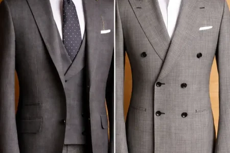 Side-by-side comparison of a tailored three-piece suit and a double-breasted two-piece suit highlighting Three-Piece Suit vs a Two-Piece Suit style differences.