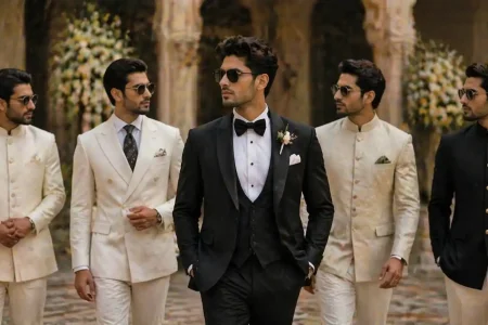 A stylish and elegant groom wearing perfect wedding suits for the modern groom, tailored to perfection for a sophisticated and confident look.