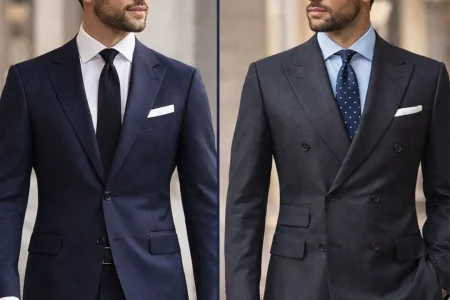 Two men wearing tailored outfits showcasing single-breasted vs double-breasted suits for style comparison.