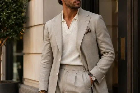 Professional man wearing a custom-tailored beige suit, highlighting the top reasons Dubai professionals choose bespoke suits for superior fit, comfort, and sophisticated style.