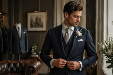 A groom in a perfectly fitted suit, representing the ultimate guide to tailored wedding suits, showcasing timeless style and personalized tailoring.
