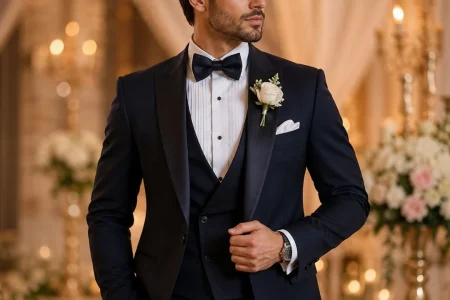 Groom wearing a perfectly tailored suit, showcasing why every groom needs a custom wedding suit for elegance and perfect fit.